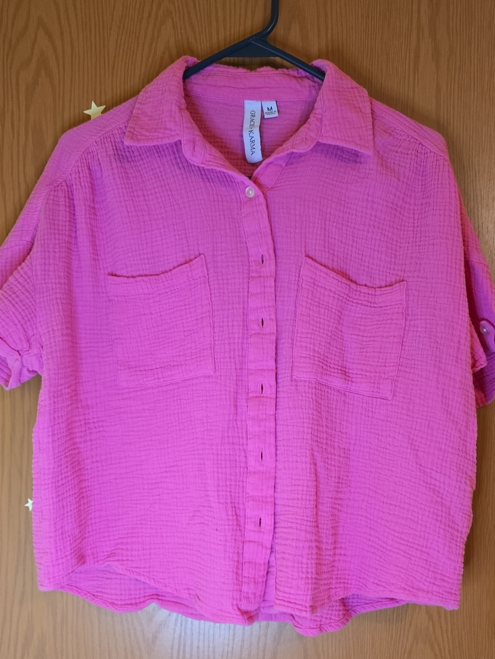 Crinkle Button-Front Shirt in Bright Pink